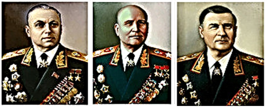 Маршалы Великой Отечественной войны Конев Иван Степанович, Рокоссовский Константин Константинович и Соколовский Василий Данилович